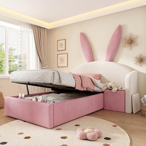 NNJN Letto imbottito in velluto, testiera con orecchie di coniglio e comodino, letto di design per ragazzi (senza materasso), beige e rosa, 90 x 190 cm