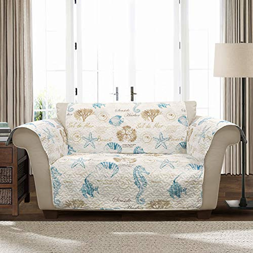 Lush Decor Harbor Life Furniture Protector, Love Seat, 94 W x 75 L, Blue & Taupe - Couch Cover - Sofa Covers Washable - Loveseat Cover - Nautical - Coastal Decor