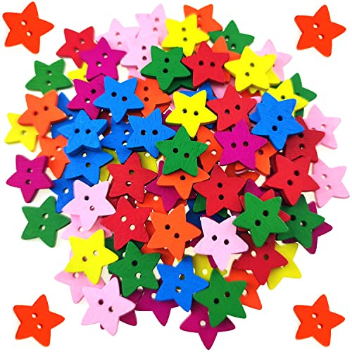 100 Pcs Colorful Wooden Star Buttons with 2 Holes Rustic Buttons for Clothes Sewing Scrapbooking Art Crafting DIY Decoration