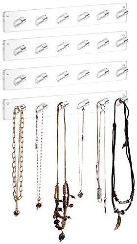 AITEE Necklace Holder, Acrylic Necklace Organizer Wall Mounted with 6 Hooks, for Hanging Necklace, Jewelry, Bangles, Bracelets and Rings, Best Gifts for Women(4 PACK)