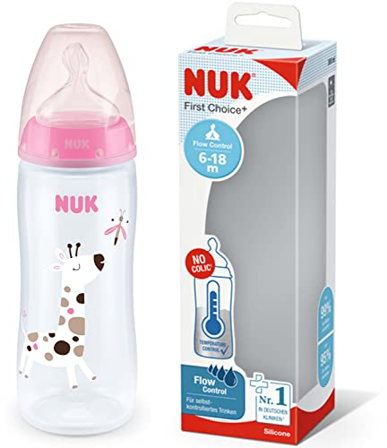 NUK First Choice+ Flow Control Bottle | 6-18 Months | Temperature Control | Silicone Nipple | Anti-Colic Valve | BPA Free | 360 ml | Pink | 1 Unit