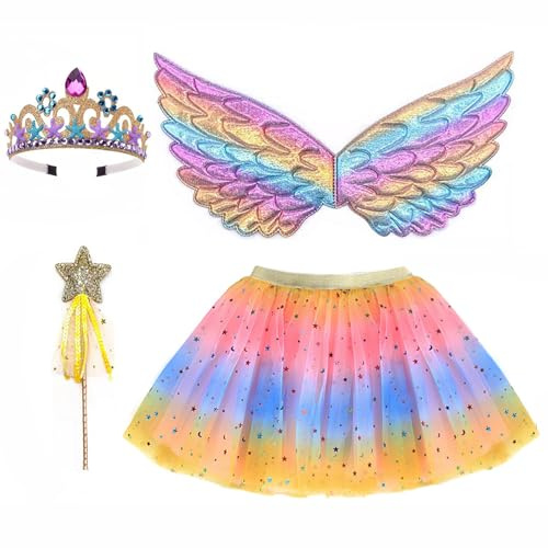 ZJstyle Flickor prinsesskostym barn maskeraddräkt flickor älva kostym set prinsessa tutu kjol fe utklädning fantasi kostymer lek med vingar, trollspön, pannband och tutu älva set för 3-8 år (rosa)