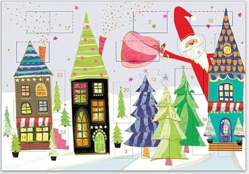 Miniadventskalender som kort till jul – högkvalitativt gratulationskort med 24 dörrar, inklusive gyllene kuvert (vinkande jultomte)