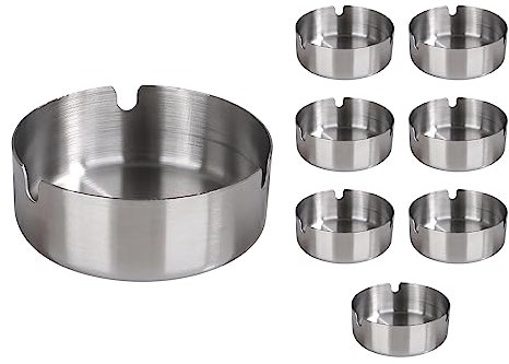 AKOLAFE Posacenere Rotondo in Acciaio Inox 8cm Set 8 Pezzi Impermeabile per Bar, Ristorante, Salotto con 3 Scanalature (Argento)