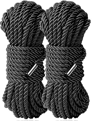 Sfcaris Long Rope Silk Rope, Soft Multipurpose Long Satin Braided Twisted Ropes 32 Feet 8 mm (2-Pack, Black)