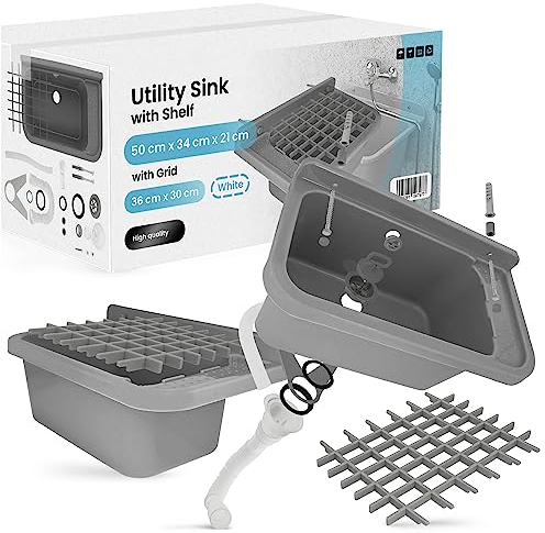 Universal-Ausgussbecken Grau 50 x 34 x 21 cm Waschbecken mit Ablage Spülbecken mit einem Gitter 36 x 30 cm Waschtrog für Garage Außen Innen Untergeschoss Werkstatt und Waschküche