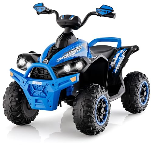 COSTWAY 12V Quad Électrique Enfant avec Musique et Lumières LED, Voiture Électrique Enfants avec Klaxon et Pédale, Démarrage Lent, 2 Vitesses 2,2-4,3 km/h, Charge 35kg pour 3-8 Ans (Bleu)