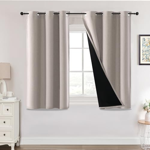 H.Versailtex 100% Blackout Curtains for Bedroom with Black Liner Eyelet Curtains for Living Room Full Room Darkening Thermal Insulated Window Drapes, 2 Panels, 46 x 54 Inch, Natural Sand