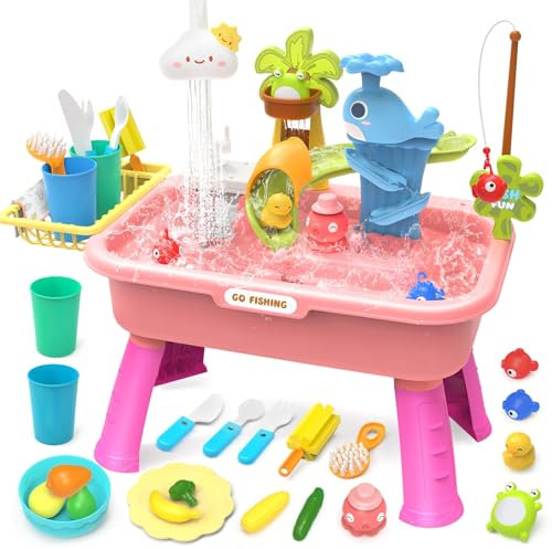 21 H Play Sink with Running Water, 4-in-1 Kids Kitchen Sink Toy with Electric Faucet, Mini Water Table with Detachable Legs, Fishing Game, Pretend Play Dishwasher Gift Set for Boys & Girls(Pink)