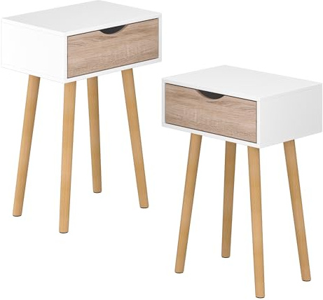 [en.casa] Conjunto de Mesas Auxiliares Östersund Elegante Set de 2 Mesillas de Noche con Cajón y 4 Patas de Madera para Dormitorio Salón Aglomerado 60 x 40 x 30 cm - Blanco/Efecto Roble