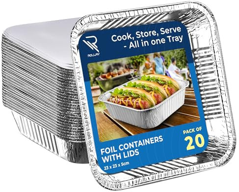 Rollay 20-Pack Aluminium Foil Trays with Paper Lids, 9x9 Inch Foil Food Containers with Lids – Oven & Freezer Safe Takeaway, Baking, and Storage Square Trays