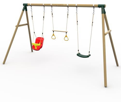 Plum Play Kids Outdoor Wooden Round Pole Garden Swing Set with Ground Anchors- Safe Sturdy A Frame-Up to 50kg user per accessory - Up to 5 year Warranty (Triple Green Mangabey with Baby Seat)