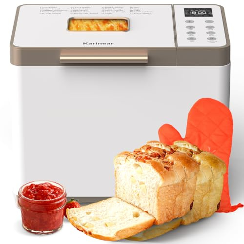 Karinear Bread Maker, Upgrade 20 Function Bread Machine with Gloves, 15 H Timer & 20 Preset Function, 2LB Stainless Steel Bread Maker Machine with 3 Loaf Sizes 3 Crust Colors
