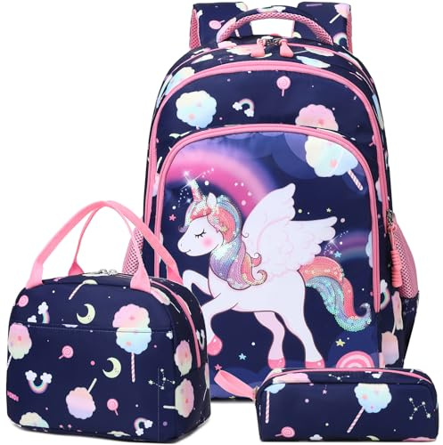 Kimwadalh Licorne Sac à Dos Fille Primaire Cartable Licornes Enfant Sets de Sacs Scolaires Cartable Filles Primaires CE1 CE2 + Isotherme Panier Repas + Trousse