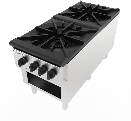 STEELBUS 2 Burner Commercial Stock Pot Range with Storage Cabinet, Heavy Duty Gas Stove with 4 Cast Iron Burners, 180000 BTU, Stainless Steel Body, Natural Gas/Propane, 3/4 NPT