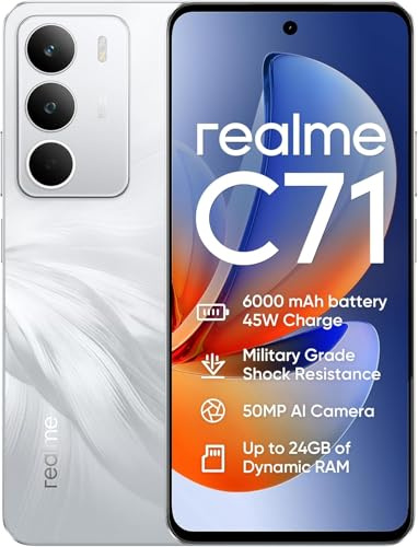 realme C71 Smartphone 8+256GB, Batería 6000mAH, Carga Rápida 45W, Cámara 50MP AI, Chipset Octa-Core, Pantalla 6.67'' 120Hz Eye Comfort, IP54 (Sin Cargador) - Blanco