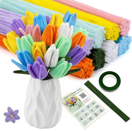 550 Stück Pfeifenreiniger Blumen Set, 8 Farben Pfeifenreiniger zum Basteln Pfeifenreiniger Blumen mit Werkzeugen, Zubehör und Anleitung für Kunsthandwerk Hause Festliche Deko Bouquets