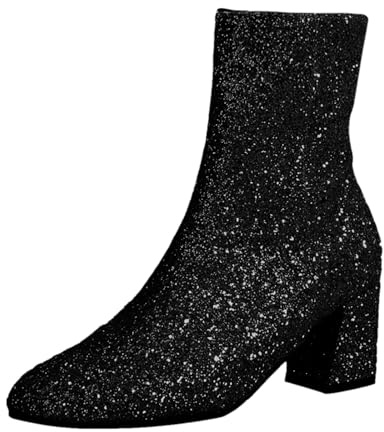 VBEDKDEB Botines de mujer botas de tobillo para mujer, talla grande, punta redonda, lentejuelas, brillo fino, casual, tacón grueso, botines bajos, zapatos cortos festivales, Negro , 40 EU