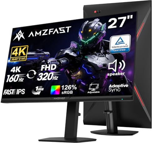 Amzfast 4K Gaming Monitor 27 Inch, Dual Mode 4K@160Hz / FHD@320Hz, Fast IPS Panel, 1ms MPRT, Adaptive Sync, HDR400, 126% sRGB, DCI-P3 93%, ΔE<2, HDMI2.1&DP1.4, Pivot&Height Adjustable, AMZG27F6U