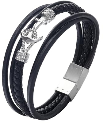 GTMJ Mens Leather Anchor Bracelet, Multi-Strand Viking Braided Bracelets 8.5 Inch Sailor Genuine Leather Wristbands with Stainless Steel Clasp, Marine Nautical Style Gift for Him, Black
