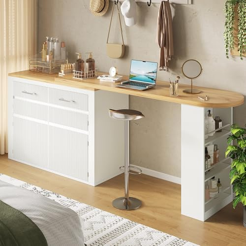 DUlVBPE Utdragbart barbord med förvaringsutrymme (137–215 × 39 × 102,3 cm), modernt rörligt barbord, teleskopiskt barbord med en låda och två hyllor, högbord köksö bistrobord, vit