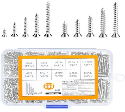 690Stk M2,M3 Kleine Schrauben Set, Kleine Holzschrauben Set, Blechschrauben Selbstschneidende Schrauben Set,Flachkopfschrauben Kreuzkopf Senkkopfschrauben,Mini Schraubenset,Modellbau Schrauben(Silber)