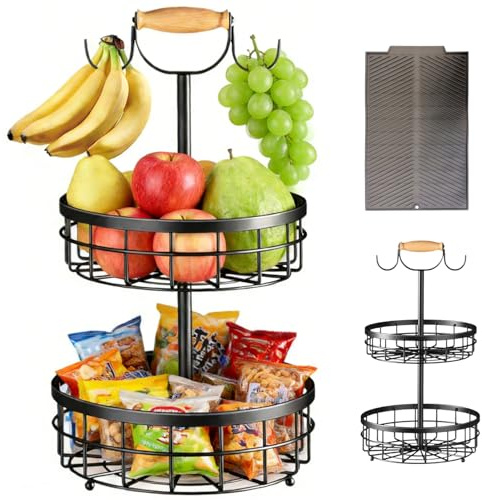 Vyranut Frutero de 2 Niveles con Soporte para Plátanos, Cesta de Frutas de Metal Desmontable, Gran Capacidad para Frutas, Verduras, Pan y Snacks, con Alfombrilla de Escurrido, Negro