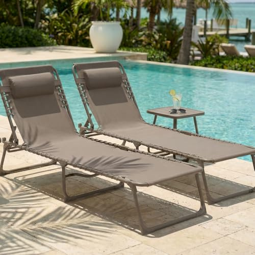 CASABEL Tumbonas Plegables Set de 2, Tumbonas Jardín Exteriores Resistentes y Cómodas con Estructura de Acero y Textilene, Terraza, Camping o Piscina, Color Topo
