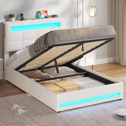 AOGLLATI Cama Individual 90x200 cm con Almacenamiento Hidráulico, Cama Canapé 90 con Cabecero Ajustable, Estructura de Cama Individual con Luces LED y Estación de Carga (USB y Tipo-C), Beige