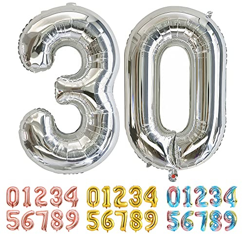 Ponmoo Foil Balloon Number 30 Silver, Giant Numbers 0 1 2 3 4 5 6 7 8 9 10-19 20-29 30-39 40-49 50-60-70-80-90-100, Large Balloons for Wedding Anniversary Birthday Party Decoration