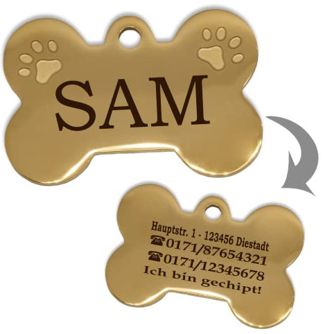Ibera gifts - Hundemarke mit Gravur und personalisierte Hundemarke in Knochenform für mittelgroße bis große Haustiere (Groß, 1 Pfote, Gold)