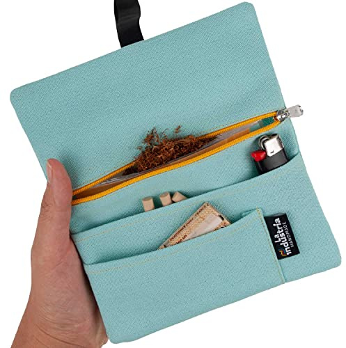 Blague à tabac à rouler hydrofuge - Pochette à tabac 30/50 g avec compartiments pour Feuilles, Filtres et Briquet (Aqua)