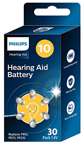 PHILIPS x30 Pilas 1.4V para Audífonos 10 (Hearing Aid Battery) ZA10BX30/00, Tecnología Premium Zinc Air, Batería Larga Duración, Abre-Fácil, Tipo PR10, 70 y 536 (30 Unidades) Color Amarillo