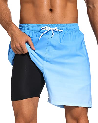 SILKWORLD Mens Swimming Trunks with Boxer Brief Liner Quick Dry Stretch Bathing Suit Swim Shorts with Zipper Pockets,Blue Gradient,Large