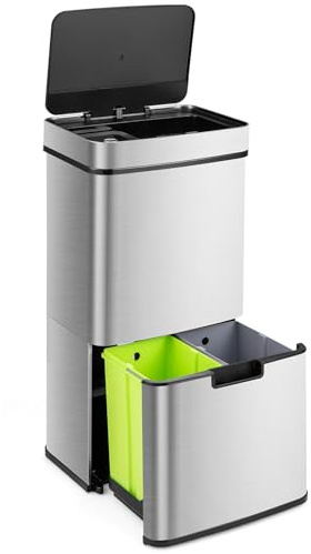GIANTEX Cubo de Basura de Acero Inoxidable de 72 L, Bote de Basura con Sensor de Movimiento con Tapa de Cierre Suave, Cubos Interior Extraíbles, Clasificación de Basuras, para Cocina