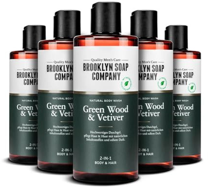 Brooklyn Soap Company duschgel för män – grönt trä & vetiver – 5 x 300 ml | Body Wash 5-pack – 2-i-1 duschgel för hud och hår – dusch gel värdepaket för män