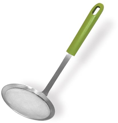 Fackelmann Schiumarola a rete con manico in plastica riciclata certificata GRS, materiale parte funzionale in acciaio inossidabile, dimensioni Ø 10,5 x 25 cm