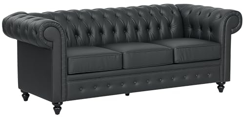 HOMCOM Divano 3 Posti Stile Chesterfield in Finta Pelle, Divanetto da Salotto Trapuntato con Braccioli e Imbottitura Spessa, Sofà con Gambe in Legno di Gomma per Soggiorno e Ufficio, Nero