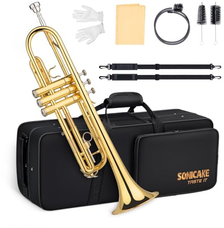 SONICAKE Bb Standard Trumpet Set with Hard Case for Beginner, Brass Student Trumpet Instrument, include Cleaning Kit, 7C Mouthpiece and Gloves, Golden QTP-01