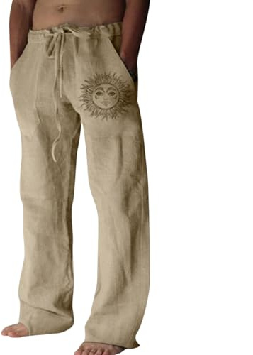 Litthing Mens Linen Trousers Cotton Jogging Bottoms Casual Summer Pants with Pockets Loose Fit Drawstring Trouser Comfortable Lightweight Pant | Cotton Jogging Bottoms, Elastic Waist, Loose Fit, Lightweight and Breathable, Comfortable, for Daily Wear Yoga Beach Sports