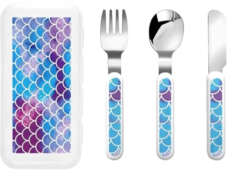 Mermaid Fish Scale Print Stainless Knife Fork Spoon 3-Piece Set,Flatware Cutlery Set with Storage Case