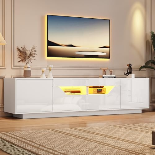 Merax TV-Schrank mit LED-Licht, Fernsehtisch Hochglanz, Modern TV Lowboard Board Schrank mit 2 Türen, 2 Schubladen, Offene Fächer, TV-ständer für Fernseher bis zu 75 Zoll, für Wohnzimmer, 180cm, Weiß