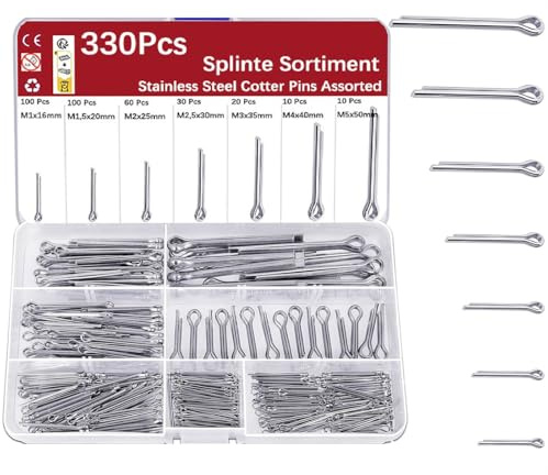 330 Stück Splinte Sortiment, Splint Set Edelstahl M1, M1.5, M2, M2.5, M3, M4, M5, A2 Edelstahl Sicherungssplint für Cars Garden Tools