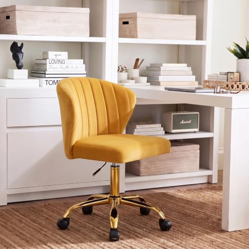 HULALA HOME Height Adjustable Swivel Desk Chair with Gold Base, Mustard | Velvet Vanity Chair with Smooth Rolling Casters for Dressing Table, Armless Office Chair with Curved Backrest for Home Office