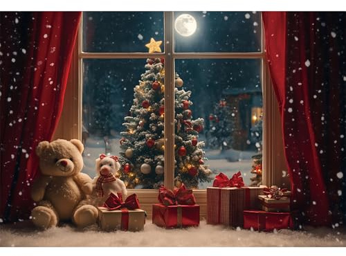 Fond Photo de Noël Ttincceer 3x2m, scène hivernale enneigée, Sapin de Noël Luxueux Rideau Rouge Ours Mignon Accessoire Photo pour Le Nouvel an Portraits d'enfants et d'adultes en Studio