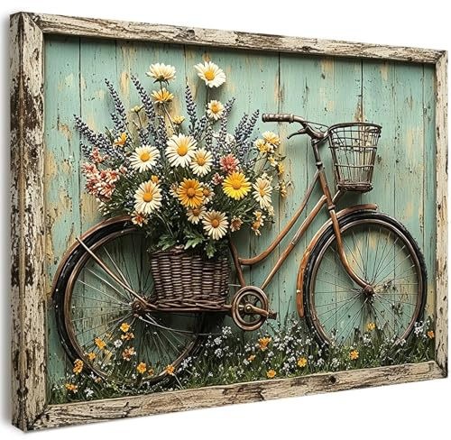 Qiukoo Canvas Wall Art Framed – Rustic Bicycle with Flowers Print, Country Cottage Garden Wall Decor for Living Room, Bedroom, Hallway or Entryway Home Decoration, Floral Artwork with Hooks and