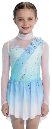 iiniim Abito da Pattinaggio Artistico per Bambina Body con Gonna da Balletto in Tulle Abito da Ginnastica Ritmica Costume da Gara di Danza Azzurro Chiaro 15-16 Anni