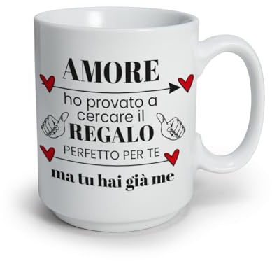 ''Regalo perfetto'' Tazza Personalizzata di SanValentino con Scritta Amore e Cuori, Tazza in Ceramica Bianca con Messaggio Romantico Italiano personalizzabile con foto e frase natale anniversario
