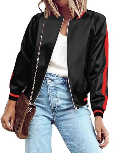 Zeagoo Women's Classic Solid Striped Biker Jacket Zip Up Fashion Bomber Jacket Coat Black Medium