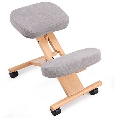 COSTWAY Ergonomic Kneeling Chair, Wood Posture Stool with Angle & Height Adjustable, Thick Padded Seat, Suitable for Meditation Gaming Computer Work (Grey)